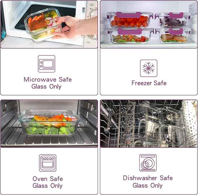UMEIED 12 PACK Glass Food Storage Containers with Leak Proof Lids, Glass Airtight Meal Prep Containers Set for Lunch, On the Go, Leftover, Kitchen Pantry Organizers and Storage (Purple)