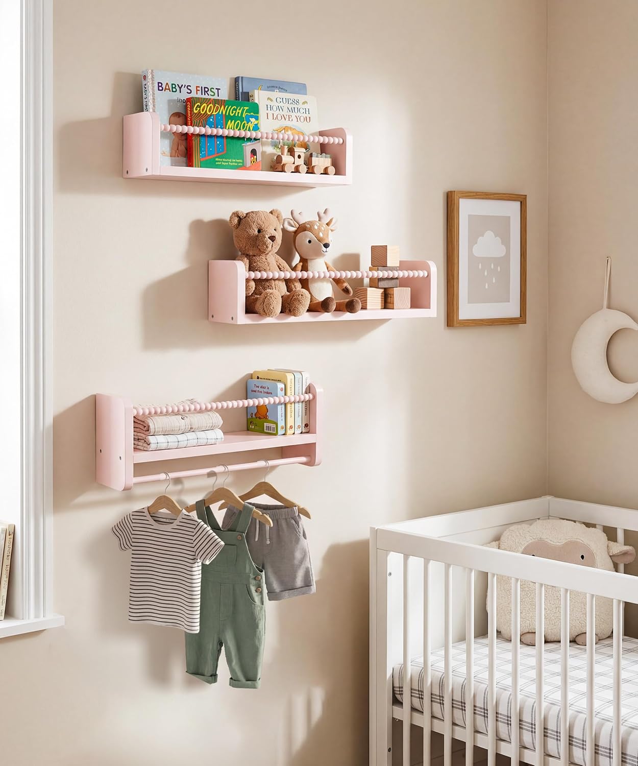 Nursery Book Shelves for Wall Set of 3, Pink Natural Wood Bookshelf Wall Decor, Small Floating Shelf Organizer for Kids Room, Bedroom, Kitchen Spice Rack