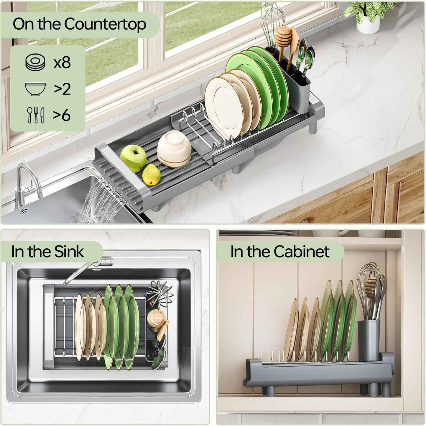 TOOLF Small Dish Drying Rack, Mini Expandable Compact Dish Rack, Slim Extendable Stainless Steel Dish Drainer for Kitchen Plate Storage, Space Saving Dish Strainer in Sink or on Home Countertop, Gray