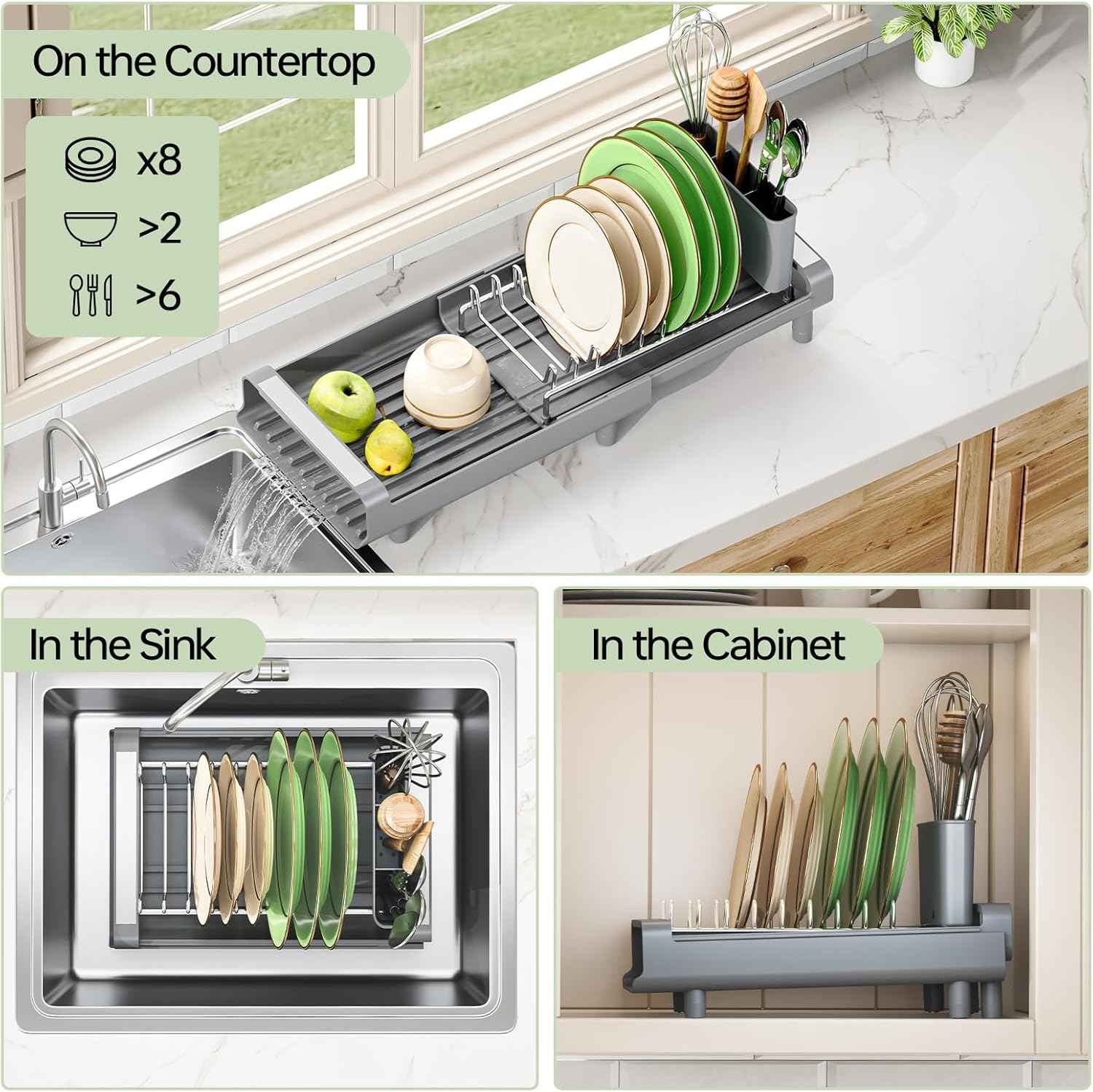 TOOLF Small Dish Drying Rack, Mini Expandable Compact Dish Rack, Slim Extendable Stainless Steel Dish Drainer for Kitchen Plate Storage, Space Saving Dish Strainer in Sink or on Home Countertop, Gray