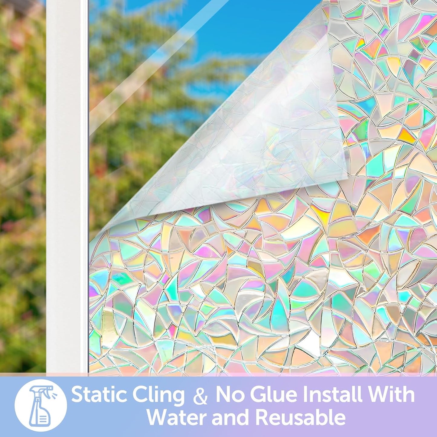 HIDBEA Window Privacy Film Non-Adhesive Static Cling Stained Glass Window Film Rainbow Glass Stickers Reusable Anti UV 3D Decorative Window Film for Home Door, 17.3 x 78.7 Inch