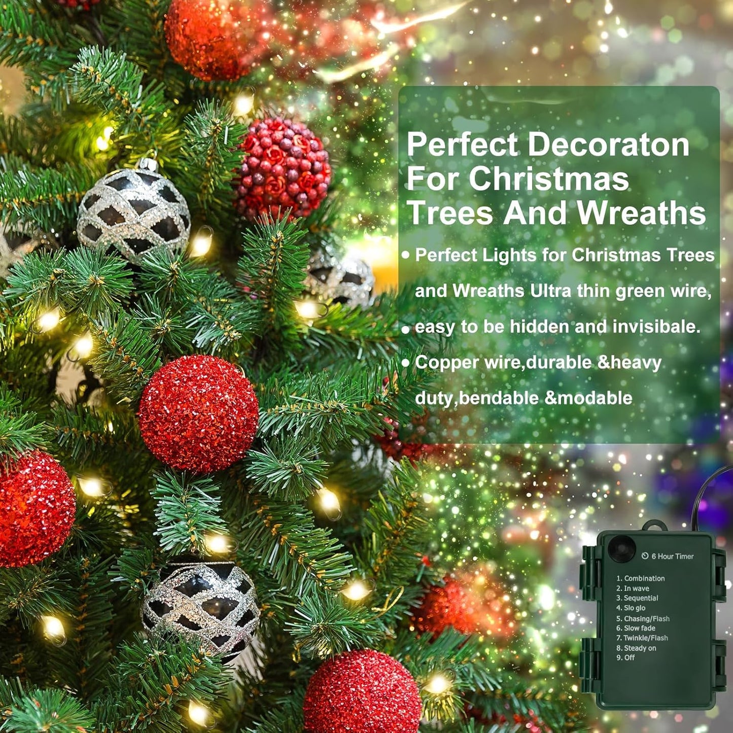 Battery Operated Christmas Lights, 33 FT 100 LED Mini String Lights with Timer and 8 Modes, Green Wire Outdoor Waterproof String Lights for Tree Xmas Indoor Holiday Party Garden Decor, Warm White