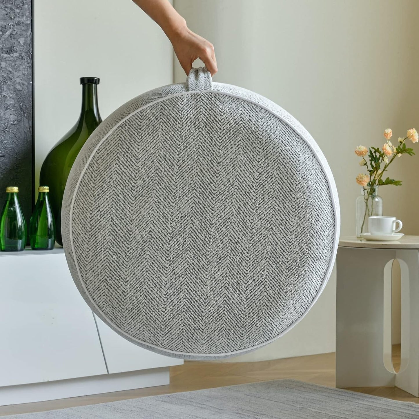 Inflatable Pouf Ottoman, 21x10 Inches Stuffed Chenille Ottoman with Inflatable PVC Liner, Foot Rest with Portable Handle, Round Floor Pillow for Living Room, Bedroom, Kids Room