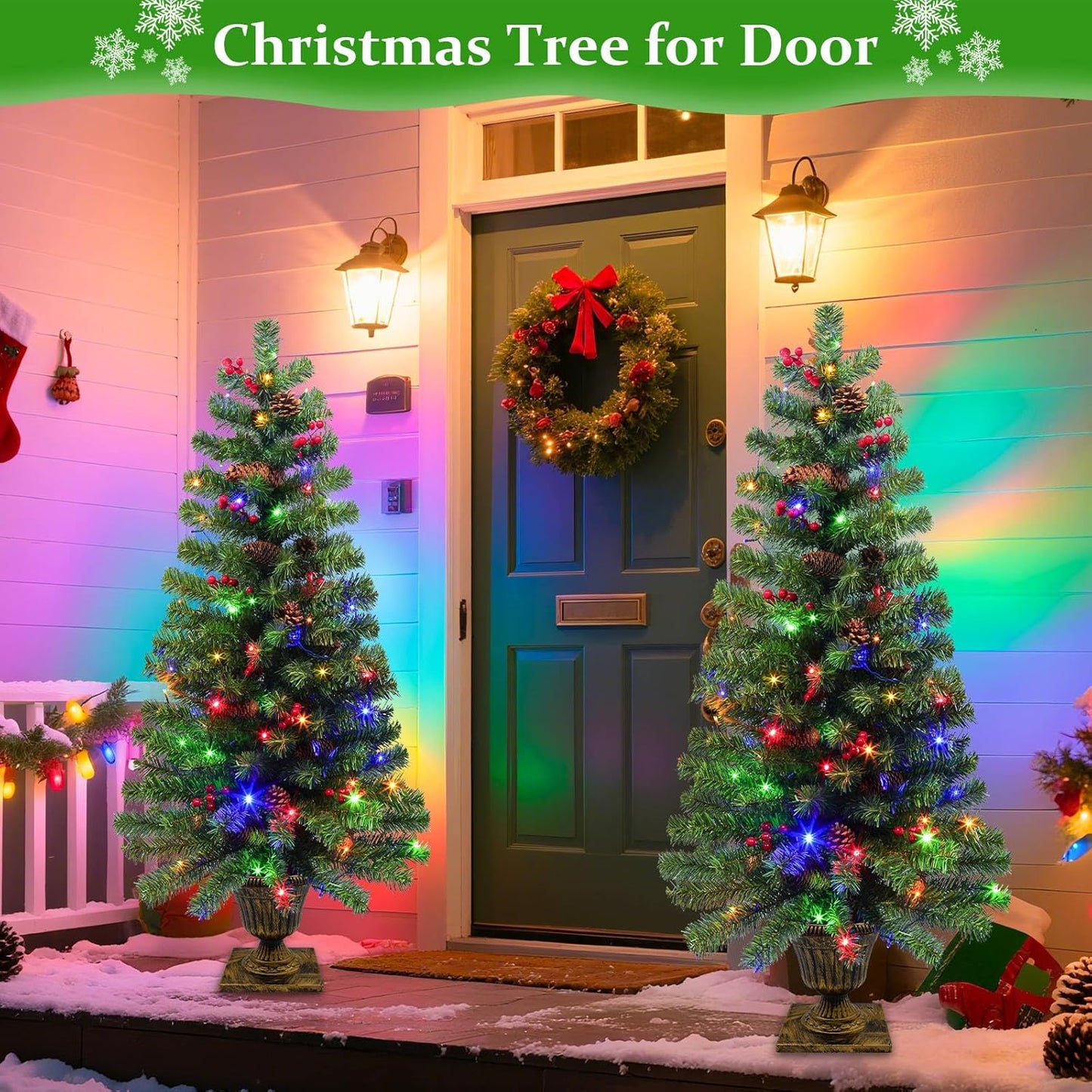 2 Pack 4 Ft Artificial Potted Christmas Tree with 60 LED Lights,Warm White and Colored Changing,8 Lighting Mode&Timer,Mini Small Xmas Tree, Battery Operated,Outdoor Front Door Porch Home Decoration