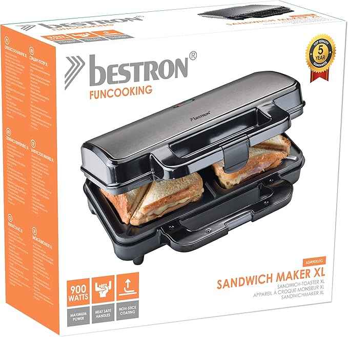 Bestron XL Sandwich maker for 2 sandwiches, Sandwich maker with non-stick coating & indicator light, 1000W, color: Titanium grey