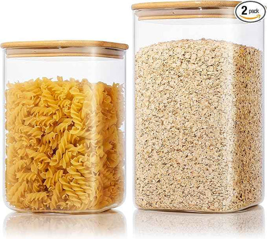 Extra Large Square Glass Flour & Sugar Storage Containers with Airtight Lids, 168oz & 84oz - 2 Pack Glass Jars with Bamboo Lids, Air tight Pantry Food Storage Containers for Cereal, Pasta, Rice