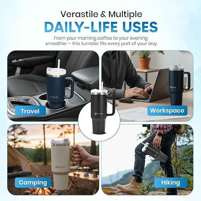 40 oz Stainless Steel Travel Tumbler, Vacuum Insulated, Two Way Lid, Straw/Sip, Hot Cold Drinks, Quencher, Wide Mouth, Coffee Water Smoothie Iced Tea, Car Gym Beach, Portable Light Weight