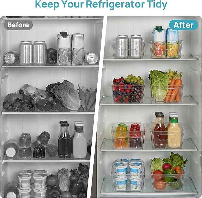 Vtopmart 8pcs Clear Organizers and Storage Bins, Plastic Storage Containers with Handles for Fridge, Freezer, Pantry, Cabinet, Kitchen Organization