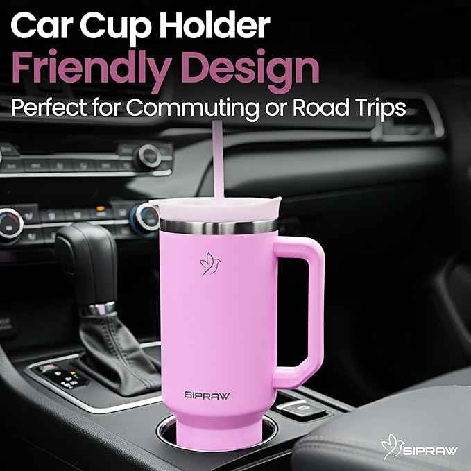40oz Tumbler with Handle and Straw Insulated Stainless Steel Travel Mug Vacuum Double Wall Coffee Cup Leak Resistant Lid BPA-Free Cup Holder Friendly for Hot & Cold Drinks, Pink