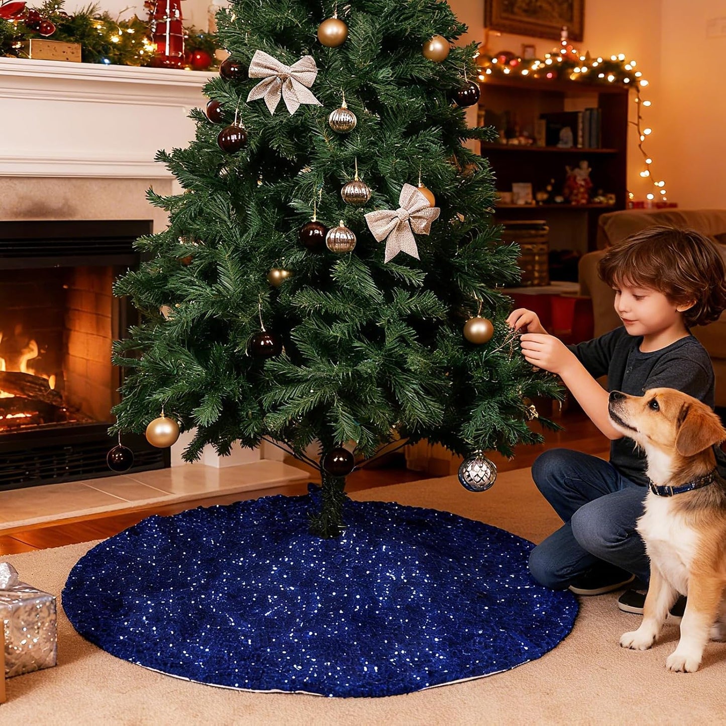 Christmas Tree Skirt 48 Inch, Blue Sequin Christmas Trees Skirt, Large Sparkle Xmas Tree Stand Base Used for Christmas Holiday Indoor Home Decoration