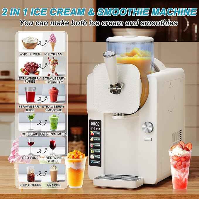 Ice Cream Maker, Slushie Machine for Home, Slushy Machine 70 oz Margarita Machine with 6 Preset Programs for Ice Cream, Milkshake, Cocktail, Frappés, 9-level Adjustable Thickness, White