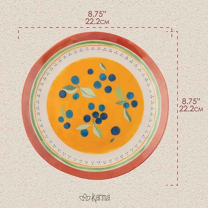 Karma, 8.75 inches Melamine Salad Plates Set of 4, Reusable Dishwasher Safe Plates for Outdoor and Indoor, Blueberries