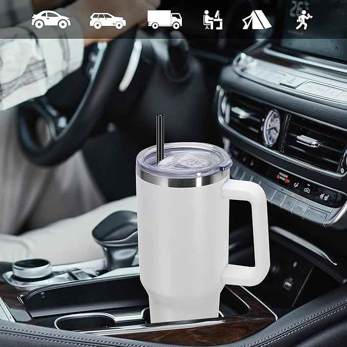 DOMICARE 40 oz Tumbler with Handle and Straw, Stainless Steel Tumbler with Lid and Straw, Reusable Vacuum Insulated Cup, Travel Coffee Mug, White, 1Pack