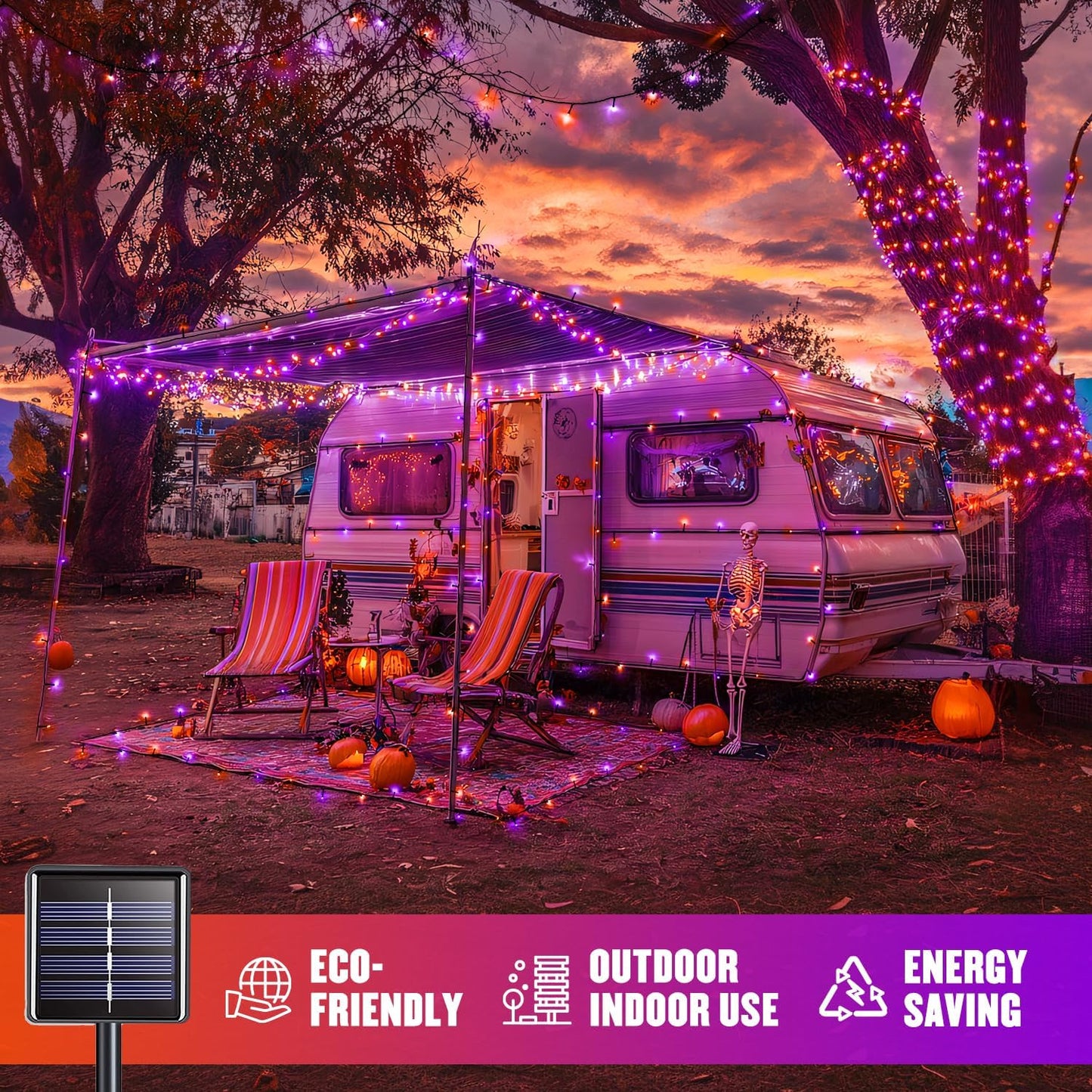 JMEXSUSS Orange and Purple Solar Halloween Lights, 2 Pack Each 100 Led Solar String Lights Outdoor Waterproof for Halloween Tree Christmas Decoration