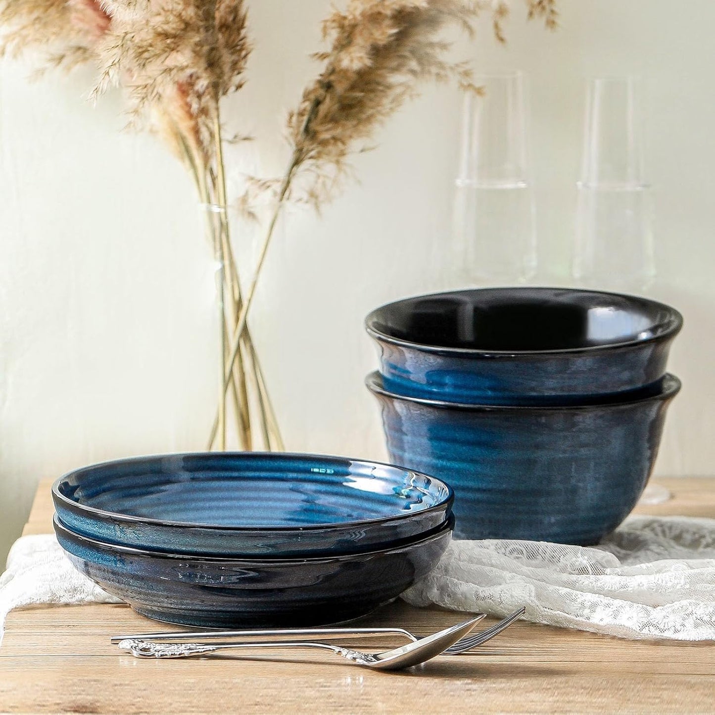 Pasta Bowls 32 OZ,Ceramic Salad Serving Bowls Set of 4,Large 8.7 inch Shallow Bowls Plates for Soup,Fruit,Noodle,Dinner,Dishwasher & Microwave Safe,Navy Blue