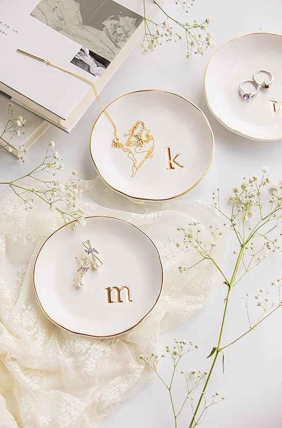 COLLECTIVE HOME - Ceramic Jewelry Tray, Decorative Trinket Dish for Rings Earrings Necklaces Bracelet Watch Keys, Birthday Mother's Day Christmas Gift for Women, 4.75", White Surface (P)