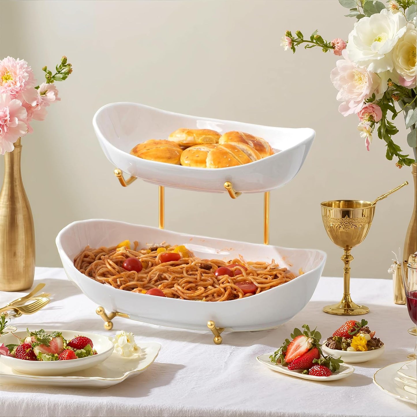 HBlife Extra Large Fruit Basket for Kitchen Counter - 2 Tier Ceramic Fruit Bowl with Metal Stand, Bathroom Countertop Organizer, Tiered Serving Trays for Party