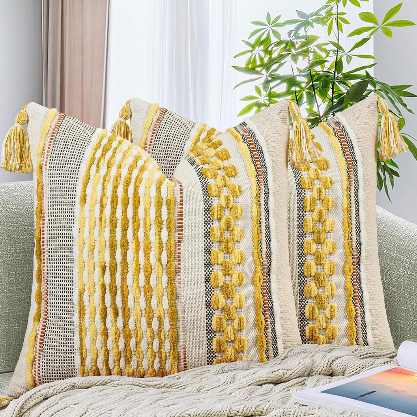 AmHoo Set of 2 Chenille Striped Textured Boho Throw Pillow Covers Aesthetic with Tassels Woven Decorative Pillow Case for Couch Bed Sofa Bedroom Modern Funky 18 x 18-Inch Yellow