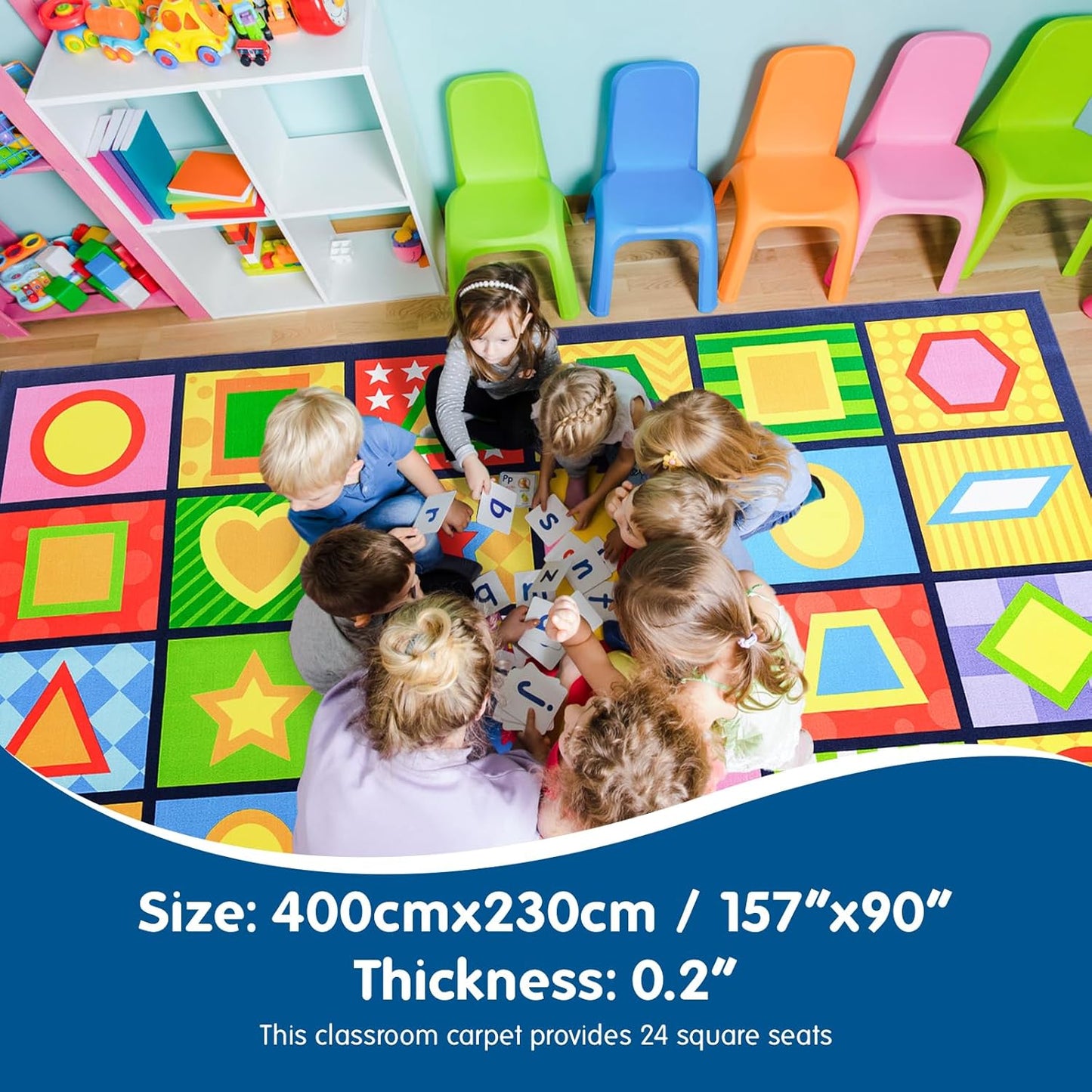 Booooom Jackson Seating Classroom Rug for Kids Room Seating Décor, 7'54''x13'12'' Vibrant Geometric Patterns Large Preschool Carpet Seating Rug for Teaching and Playroom, Non-Slip Rubber Backing