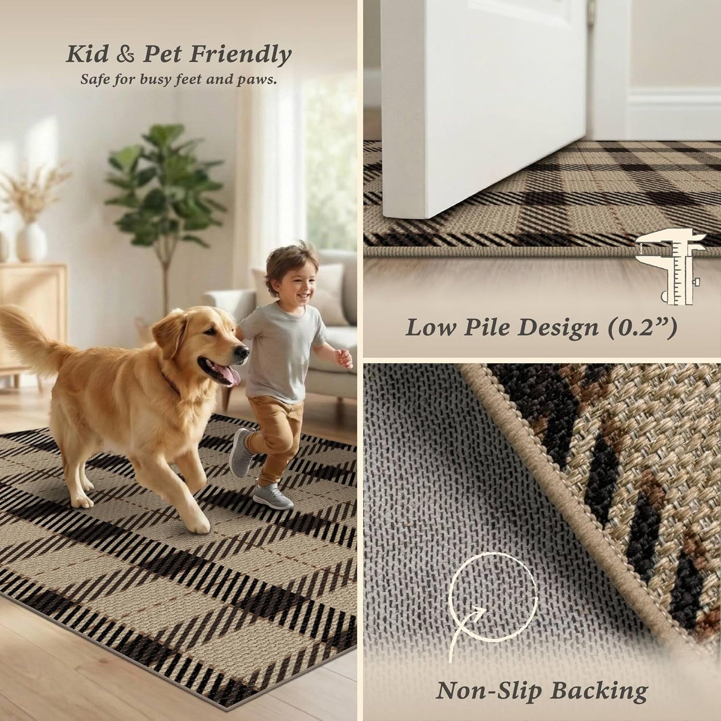 Neutral Easy Jute Rug 9x12 for Living Room, Large Indoor Outdoor Natural Color Farmhouse Area Rugs for Patio, Backyard and Dining Room, Plaid Woven Design, Non Shed, Washable Outside Carpet