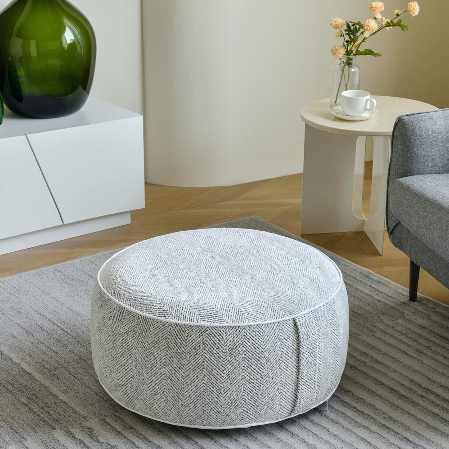 Inflatable Pouf Ottoman, 21x10 Inches Stuffed Chenille Ottoman with Inflatable PVC Liner, Foot Rest with Portable Handle, Round Floor Pillow for Living Room, Bedroom, Kids Room
