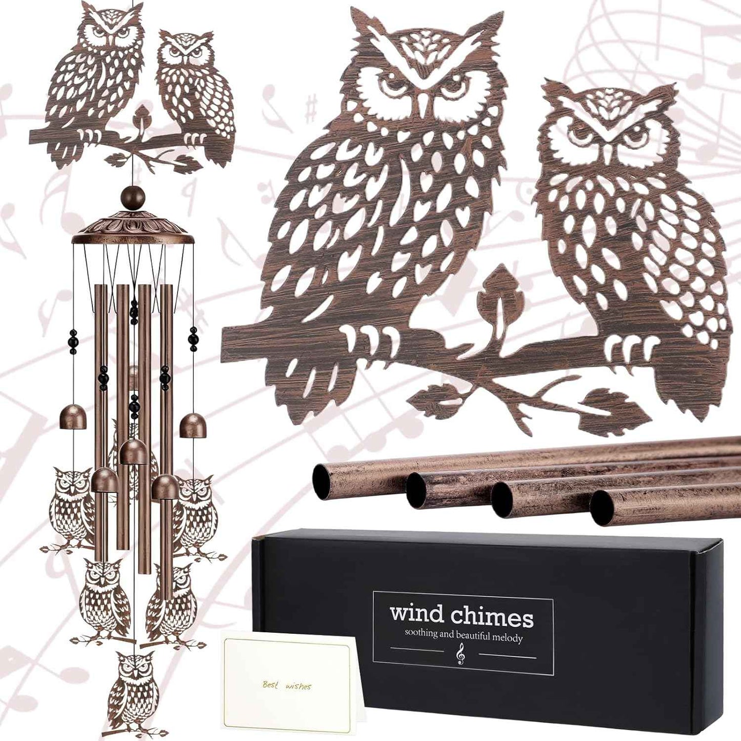 Wind Chimes for Outside - Owl Gifts for Women Mom Grandma Metal Windchimes with Greeting Card Indoor Outdoor Art Decor Garden Patio Lawn Hanging Decoration Christmas New Year Birthday Gift