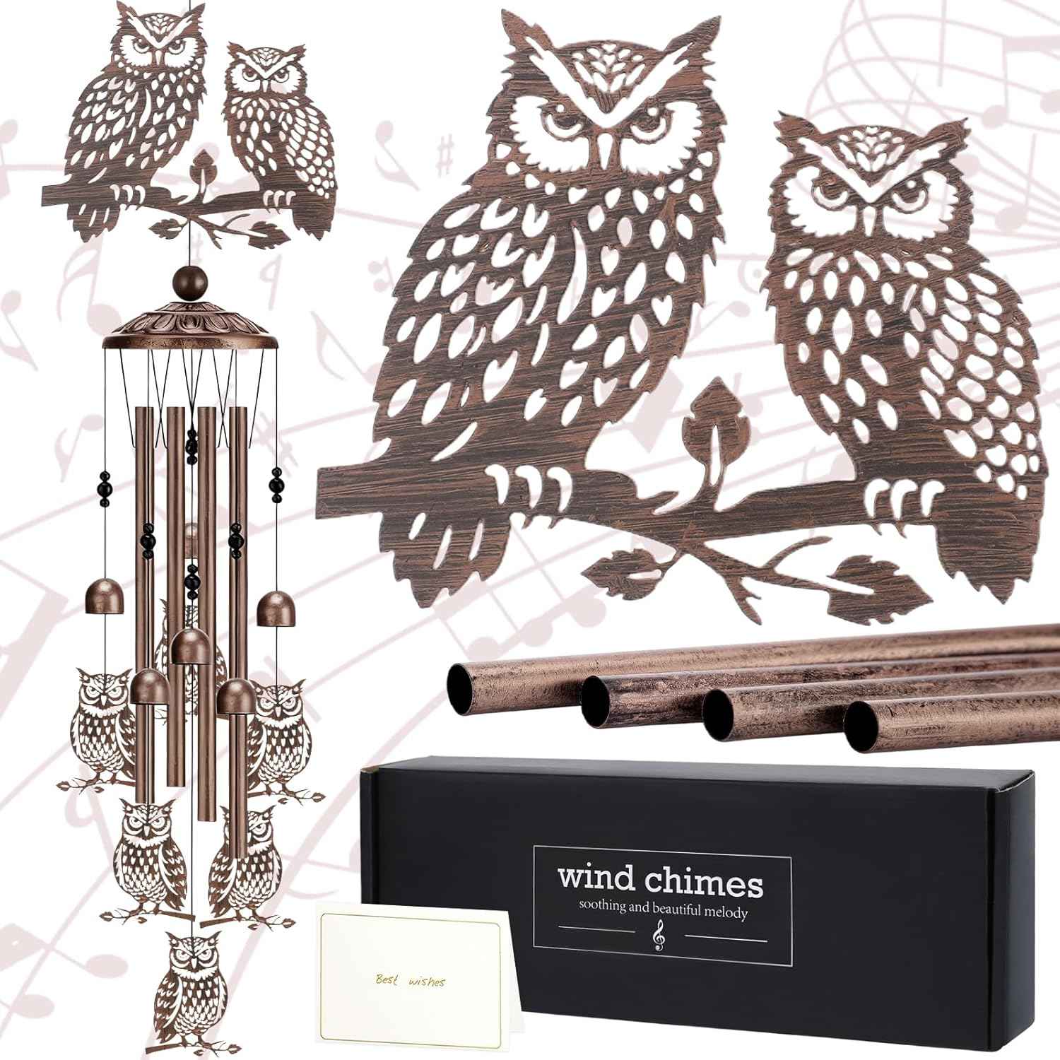 Wind Chimes for Outside - Owl Gifts for Women Mom Grandma Metal Windchimes with Greeting Card Indoor Outdoor Art Decor Garden Patio Lawn Hanging Decoration Christmas New Year Birthday Gift