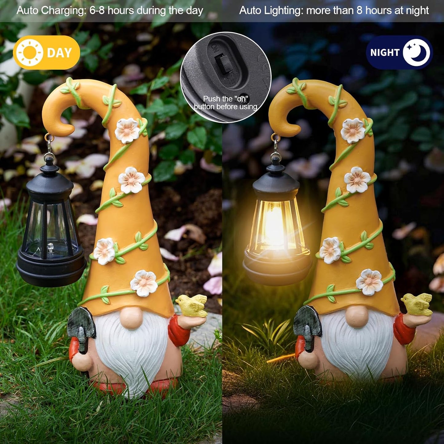 RM ROOMERS Solar Gnome Statue Light Garden Lantern Solar Gnome Outdoor Figurine Light for Yard Decorations Solar Light Resin Gnomes for Patio Decor Garden Housewarming Birthday Gifts for Women