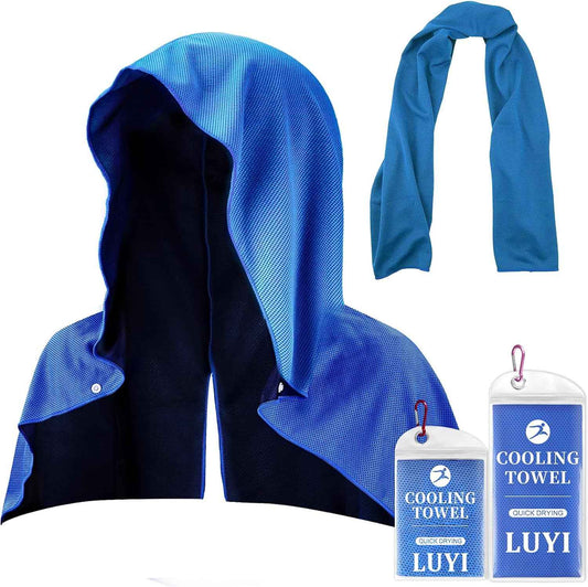 2 Pack Cooling Hoodie Towels Set, Cooling Towels for Neck and Face, Microfiber Soft Breathable Cooling Towel Bulk for Hot Weather, Gym, Sports, Yoga, Workout, Running, Golf, Camping, Hiking（Blue）