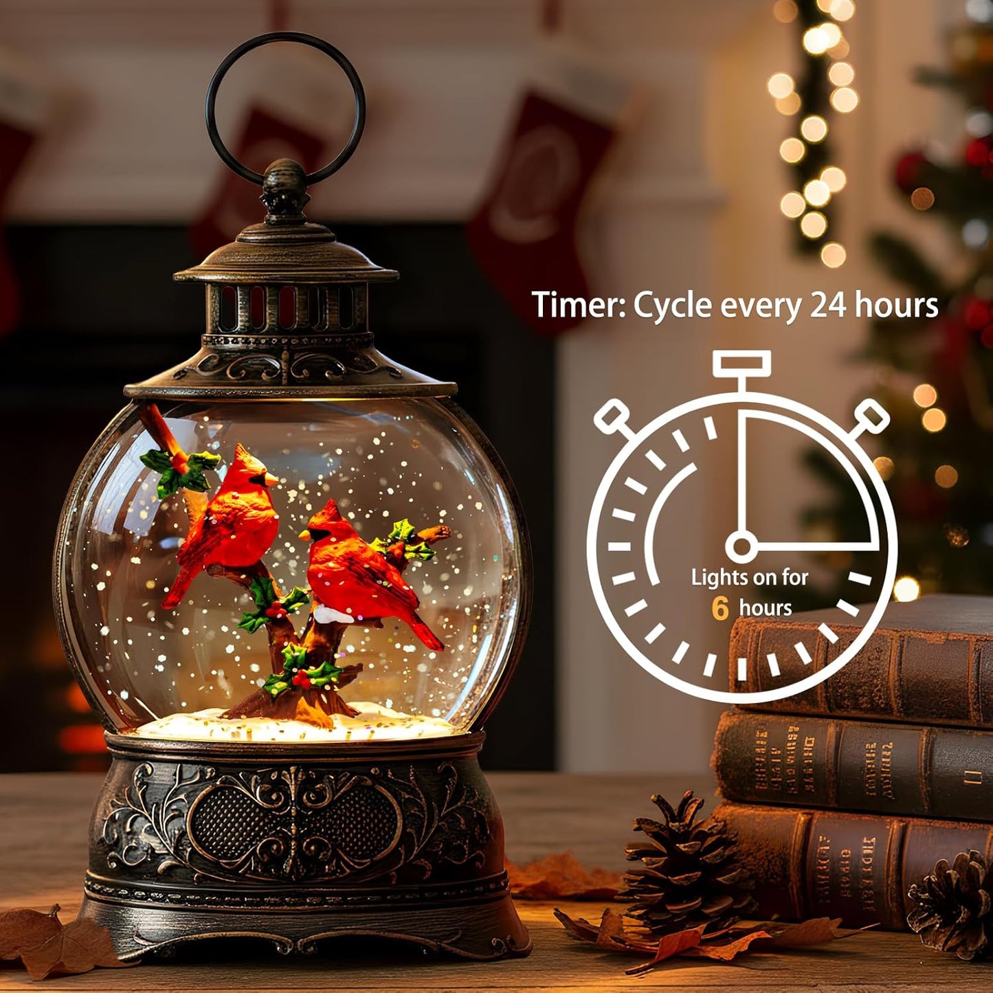 Cardinal Christmas Snow Globe Lantern Water Glittering Christmas Tree with Red Truck, USB Lined and Battery Operated Lighted Lantern for Christmas Festival Decoration Gifts