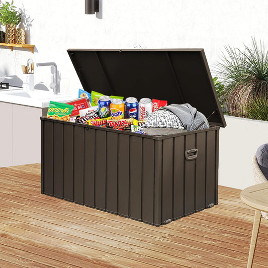 Domi 160 Gallon Deck Box, Outdoor Metal Lockable Storage Cabinet, Waterproof Steel Outdoor Bench with Lockable Lid, Side Handles & Rolling Casters for Outside Cushions, Pillows, Garden Tools, Brown
