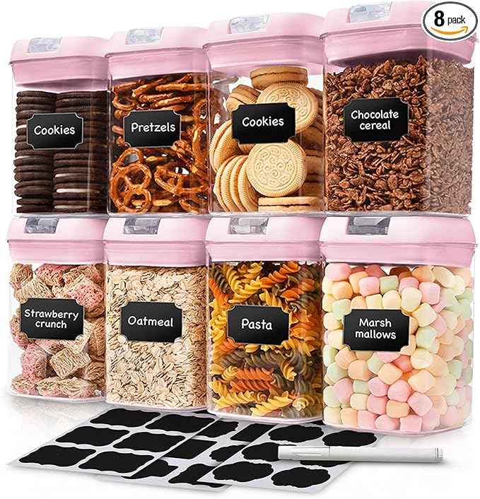 Cheer Collection Airtight Food Storage Containers, Kitchen Storage Containers for Pantry, Set of 8 Food Containers with Lids Airtight, Pantry Storage Containers & Organizers with Lids, Pink