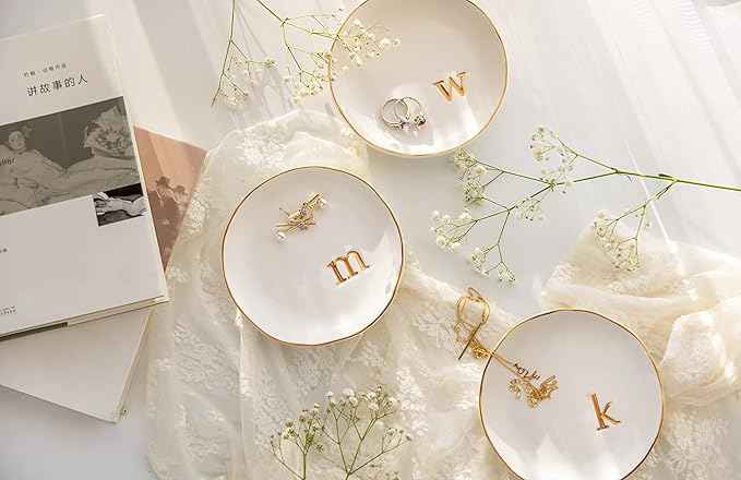 COLLECTIVE HOME - Ceramic Jewelry Tray, Decorative Trinket Dish for Rings Earrings Necklaces Bracelet Watch Keys, Birthday Mother's Day Christmas Gift for Women, 4.75", White Surface (T)