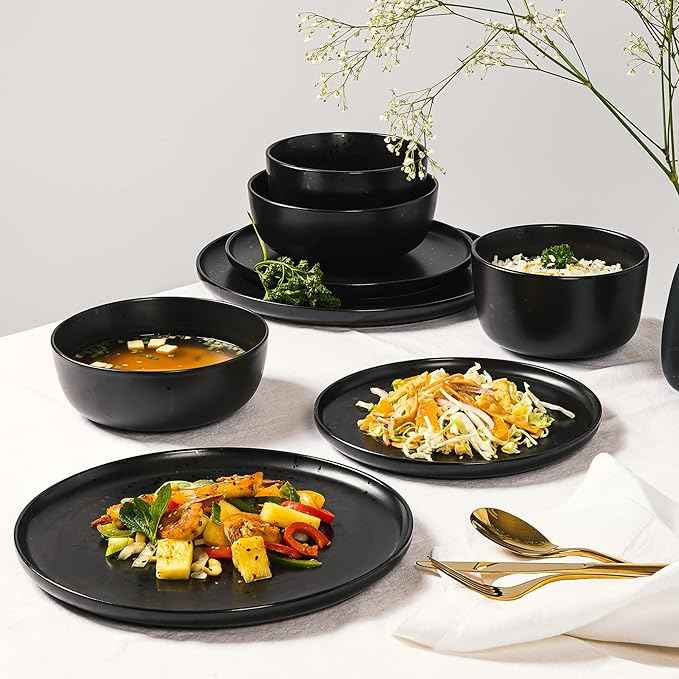 Gibson Elite James Street Stoneware Matte Reactive Double Bowl Dinnerware Set - Pepper Black, Service for 4 (16pcs)