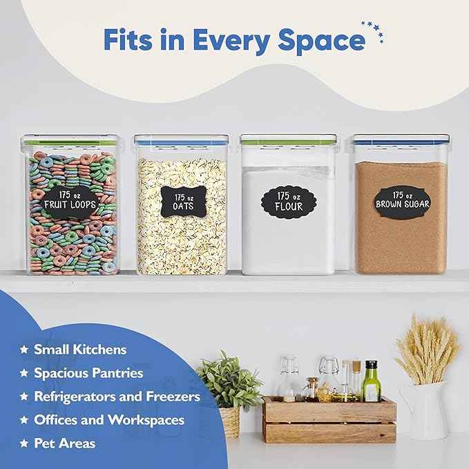 Chef's Path Kitchen Storage Box Set of 4 Extra Large Airtight Food Storage Jars for Sugar Flour Cereal Rice - Measuring Spoons, Pen and Food Preservation Labels (5.2 L)
