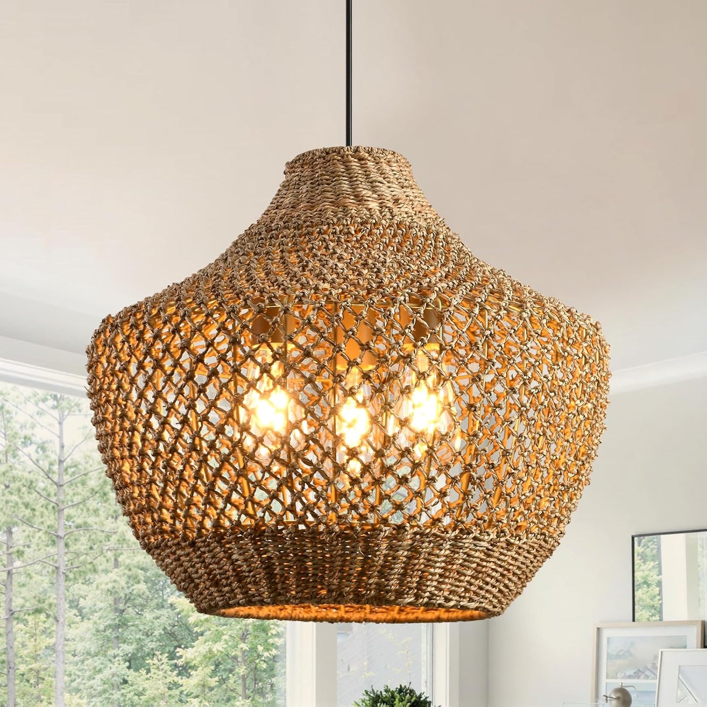 18.9”Boho Wicker Large Pendant Light,3-Light Rattan Chandelier, Hand-Woven Seagrass Farmhouse Fixture, for Kitchen Island Bedroom Dining Living Entrance Halls.