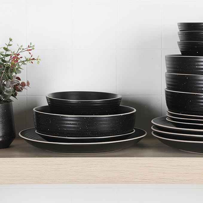 Gibson Home Dinah 16-Piece Matte Black Stoneware Dinnerware Set – Double Bowl, Embossed Speckled Design, Durable Kitchen Dinner Set