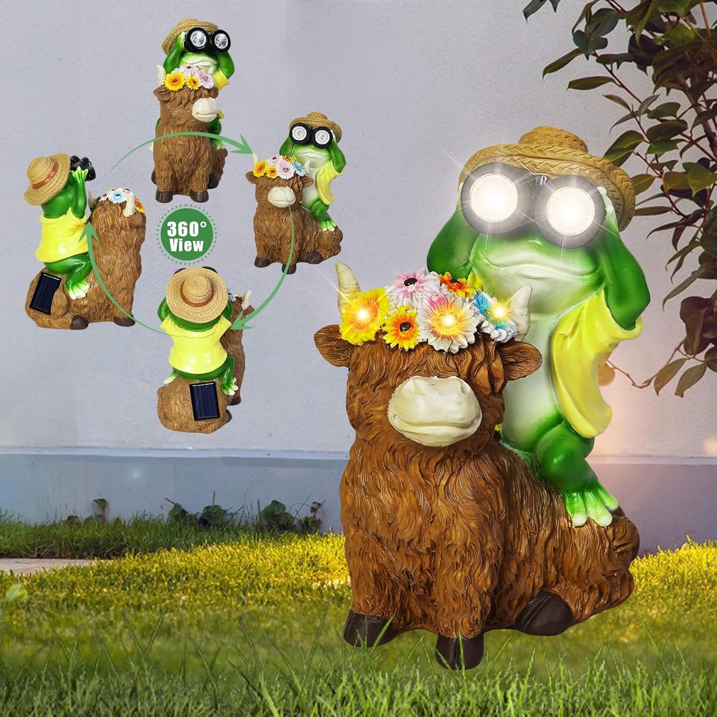 EDOF Solar Garden Lights Frog Sitting on Highland Cow Statue with Flower Garden Decor, for Women Mom,Frog Highland Cow Outdoor Figurine Decorative LED Lights for Yard Art Patio Porch Lawn