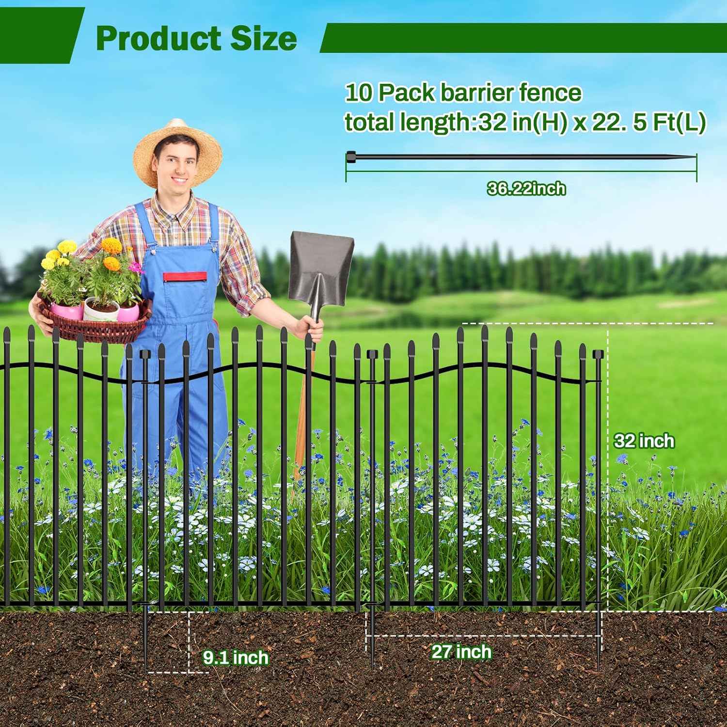 10 Panels No Dig Decorative Garden Fence - 32in H x 22.5ft L, Tall Heavy-Duty Square Tube Animal Barrier, Rustproof Metal Border Fencing for Yard, Outdoor Dog Playpen & Flower Beds