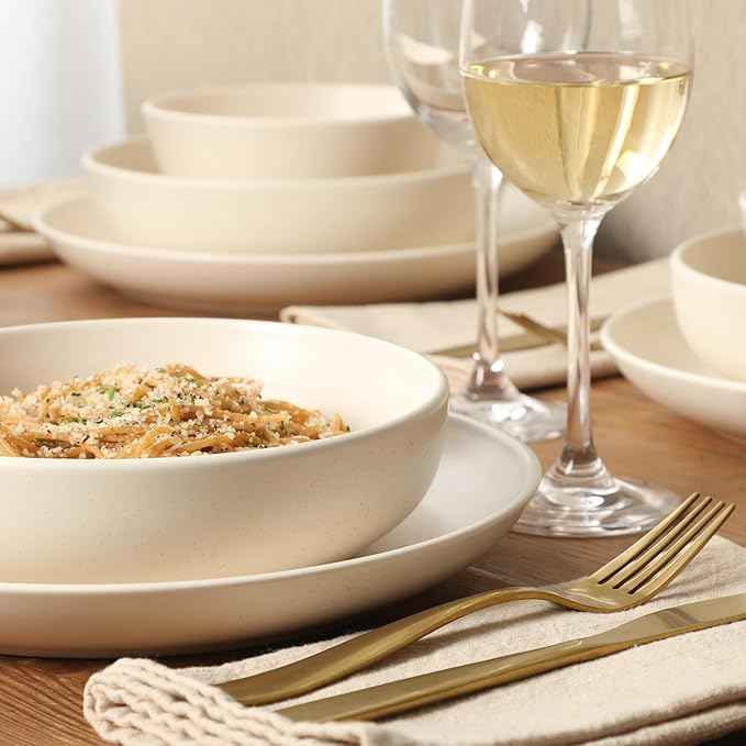 Gibson Elite Leeds Court Plates and Bowls Sets, 16-Piece Stoneware Dinnerware Sets, Cream White, Round Speckle Reactive Glaze Dish Set