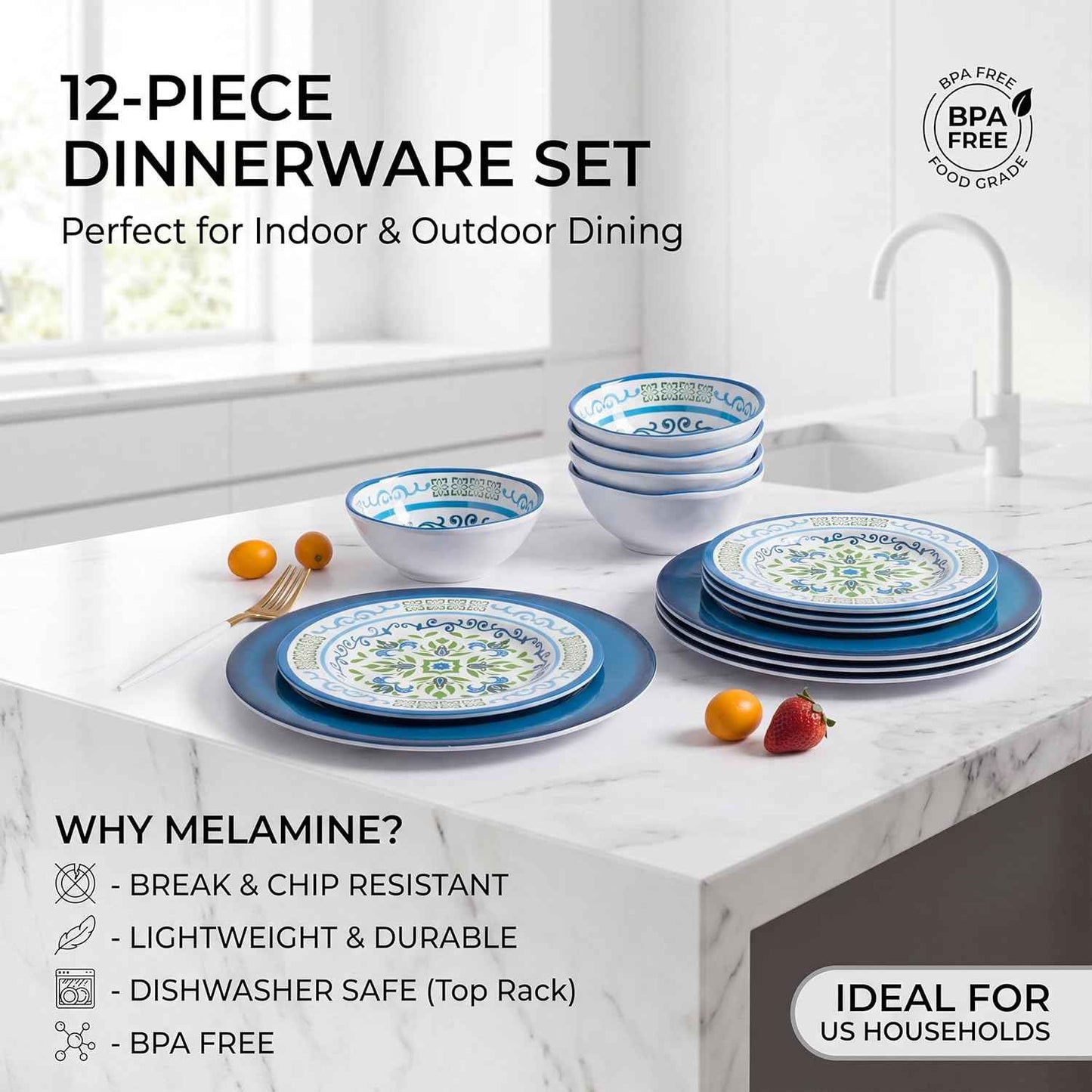 12-Piece Melamine Dinnerware Set – Unbreakable Plates and Bowls Sets,4 Dinner Plates + 4 Salad Plates + 4 Cereal Bowls,Camping Dishes Set for Indoor/Outdoor Use, Dishwasher Safe, Service for 4