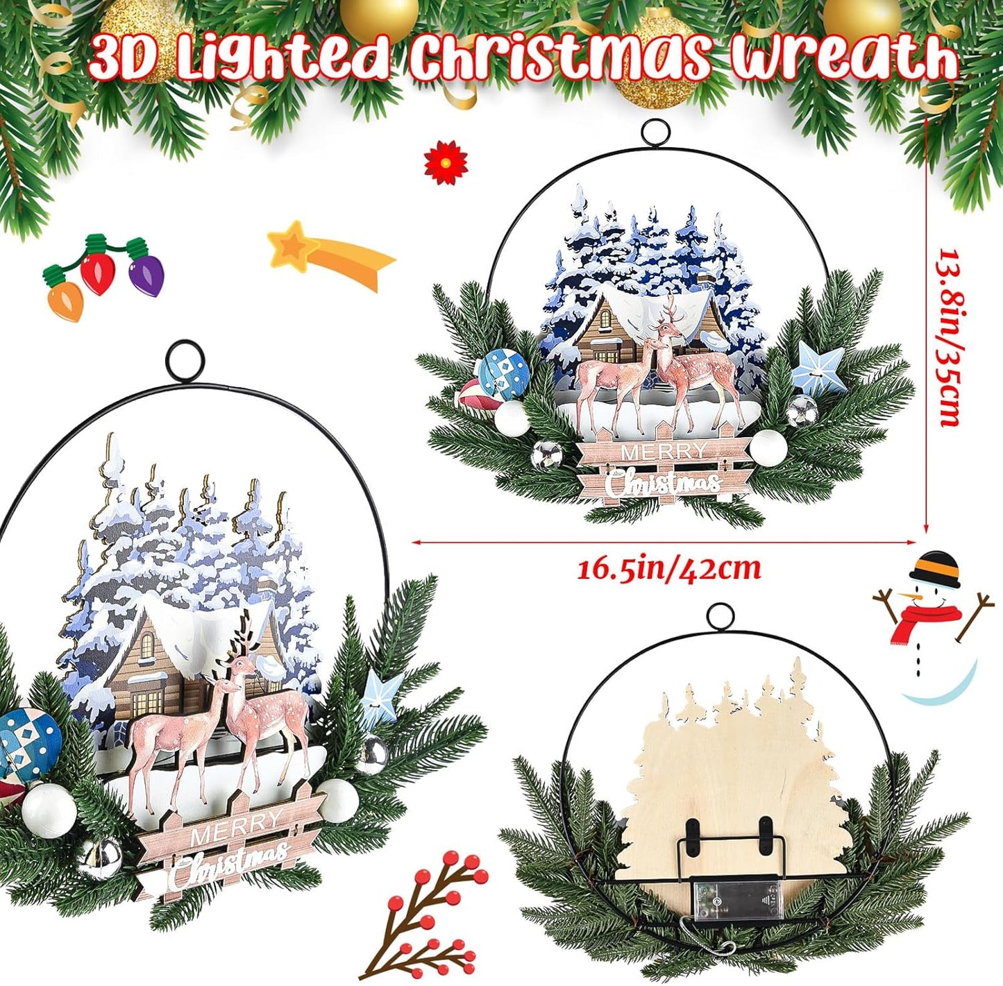 Light up Christmas Wreaths for Front Door, Welcome Metal Wooden Door Wreath Decor Hanging Sign, 30 LED Lighted Wall Decor Battery Operated for Halloween Indoor Outdoor (Deer)