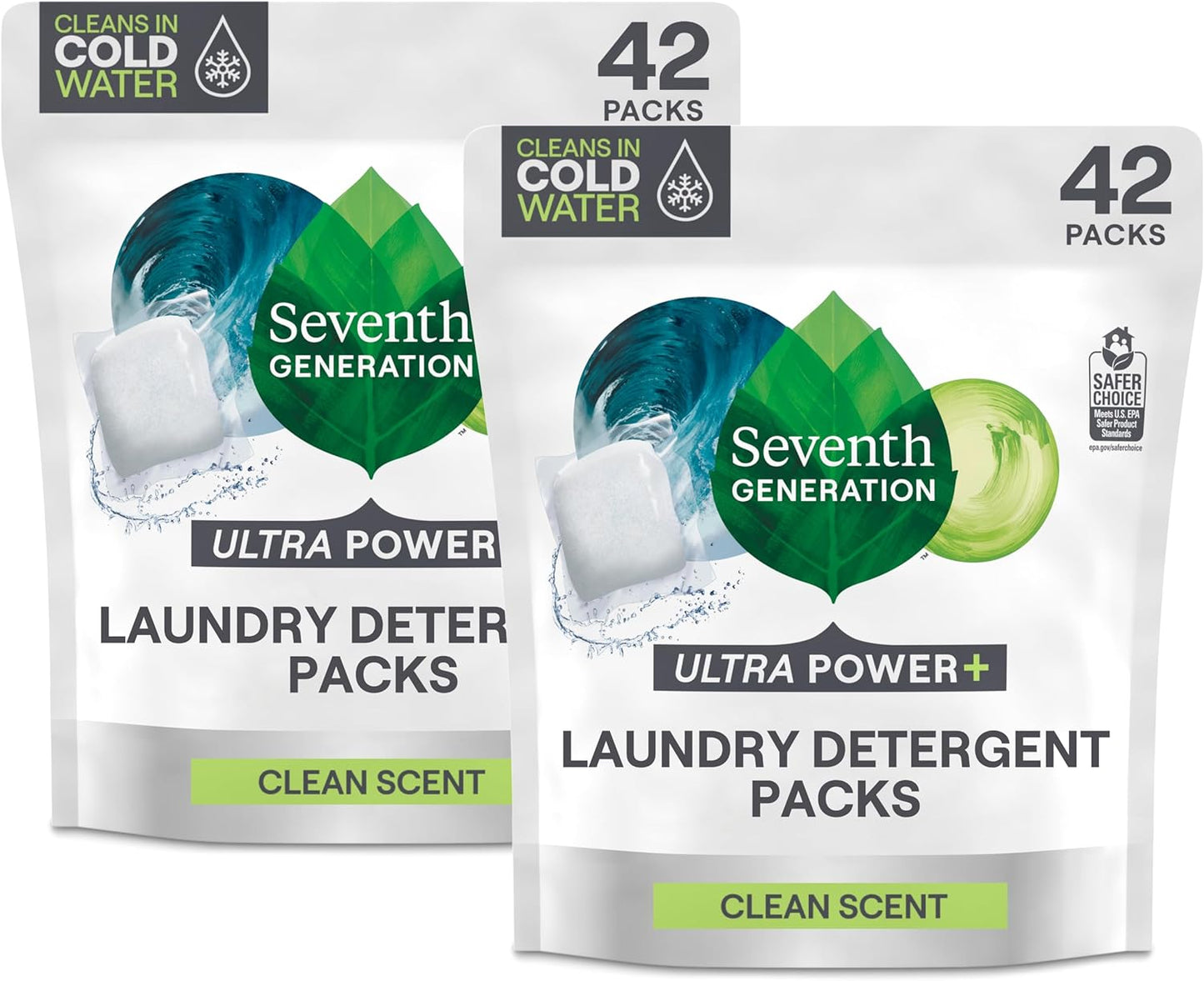 Seventh Generation Laundry Detergent Packs, Ultra Power+, Clean Scent, EPA Safer Choice Certified, 84 Loads (2 pouches, 42 Ct EA)