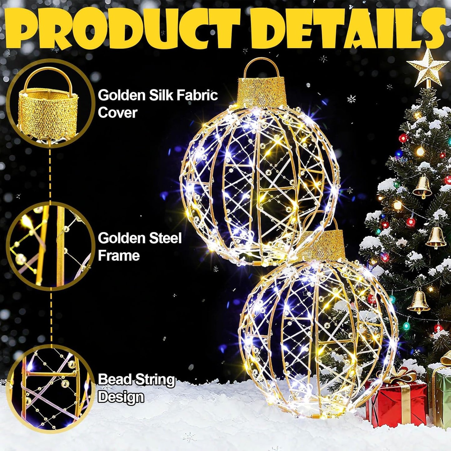 Mudder 2 Pack Christmas Light Balls Outdoor Sphere Lights 12" Hanging LED Holiday Ornaments with 120 Warm and White Lights Waterproof Large Christmas Balls for Outdoor Porch Patio Xmas Decor