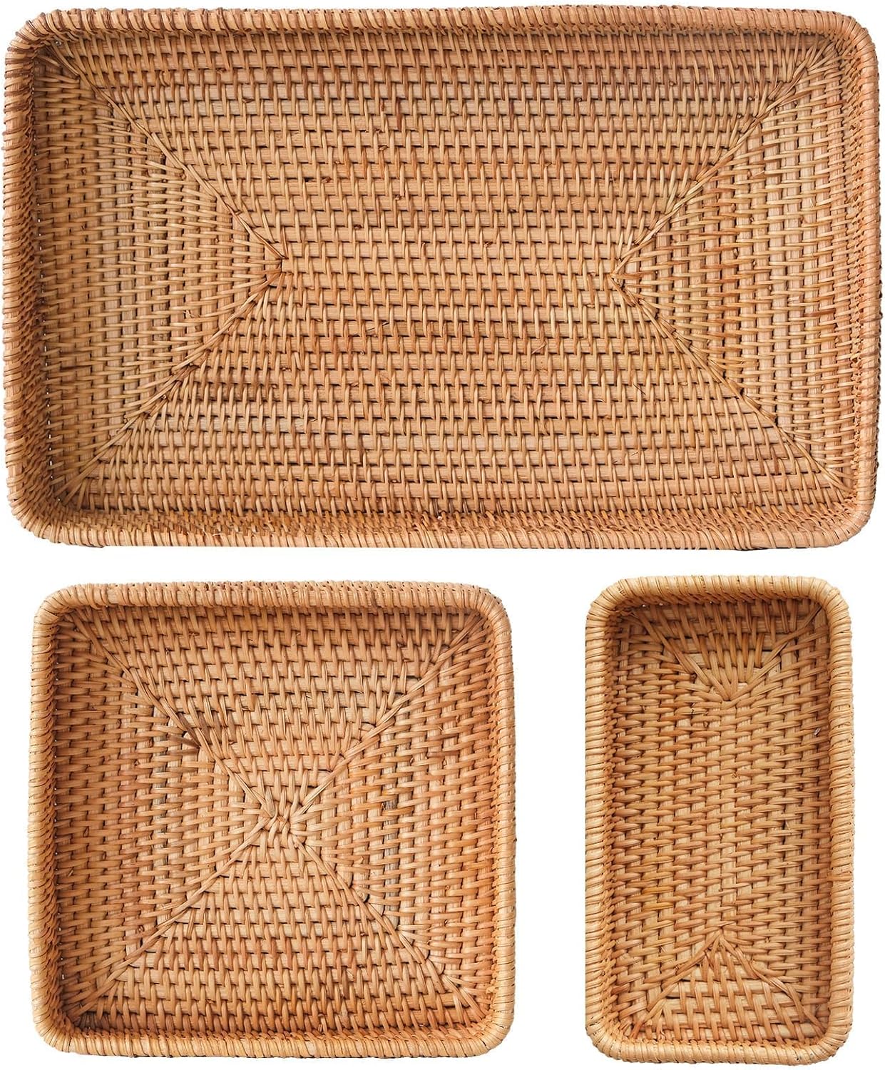 Rattan Serving Tray, Rectangle Basket Set of 3, Wicker Storage and Organizing Baskets, Natural Decorative Woven Tray for Home Decor, Bathroom, Kitchen Counter