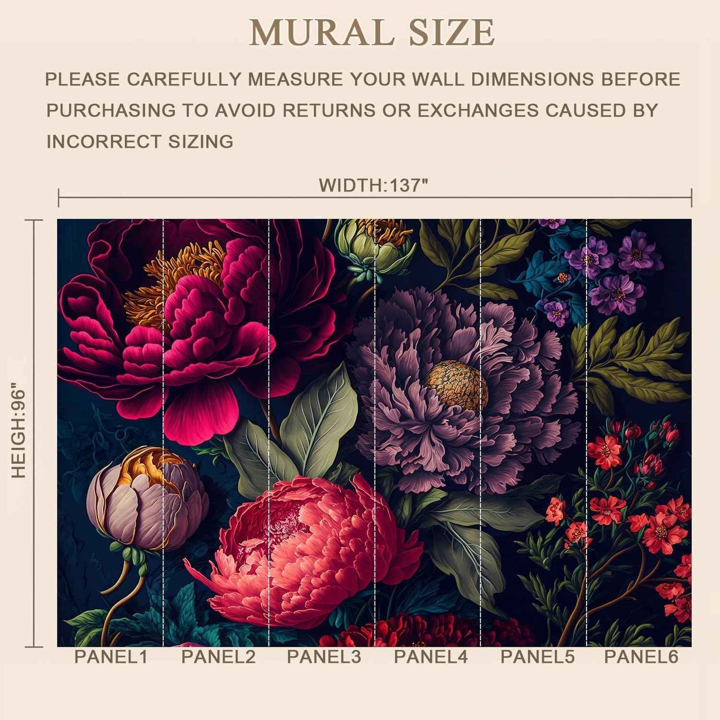 MFWFM Dark Peony Floral Peel and Stick Mural Wallpaper Self Adhesive Vintage Botanical Wall Mural for Bedroom Living Room Dining Room 137" x 96"