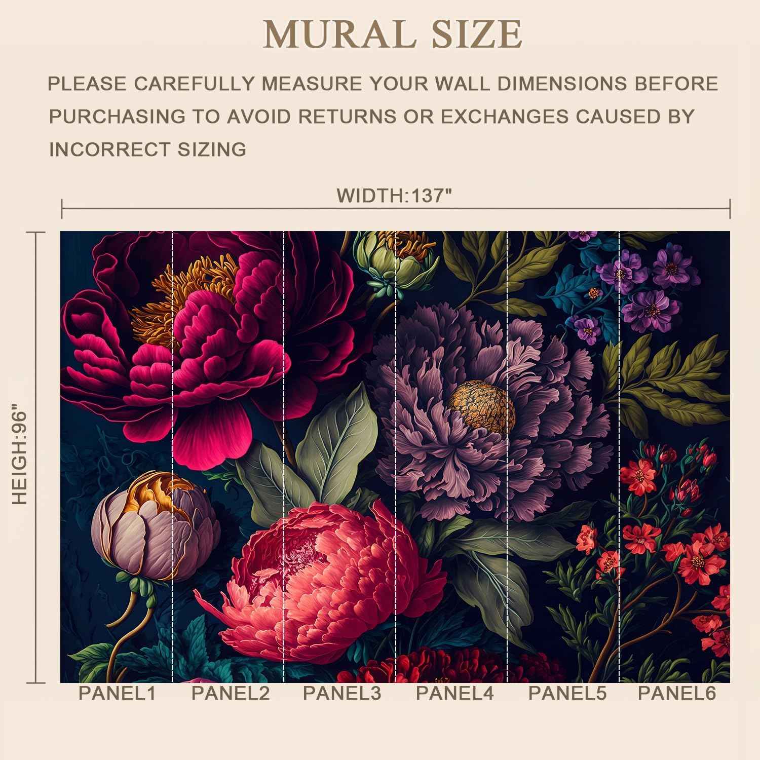 MFWFM Dark Peony Floral Peel and Stick Mural Wallpaper Self Adhesive Vintage Botanical Wall Mural for Bedroom Living Room Dining Room 137" x 96"