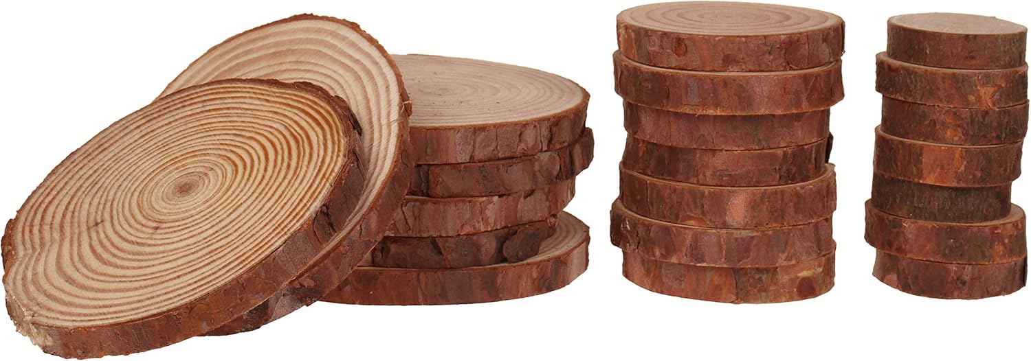 Natural Wood Slices, Tiberham 21 Pcs 1.2-3.9 Inches Unfinished Wooden Circles Round Rustic Wood with Bark, Solid Log Discs Craft Wood Kit for Arts DIY Crafts Christmas Home Decorations
