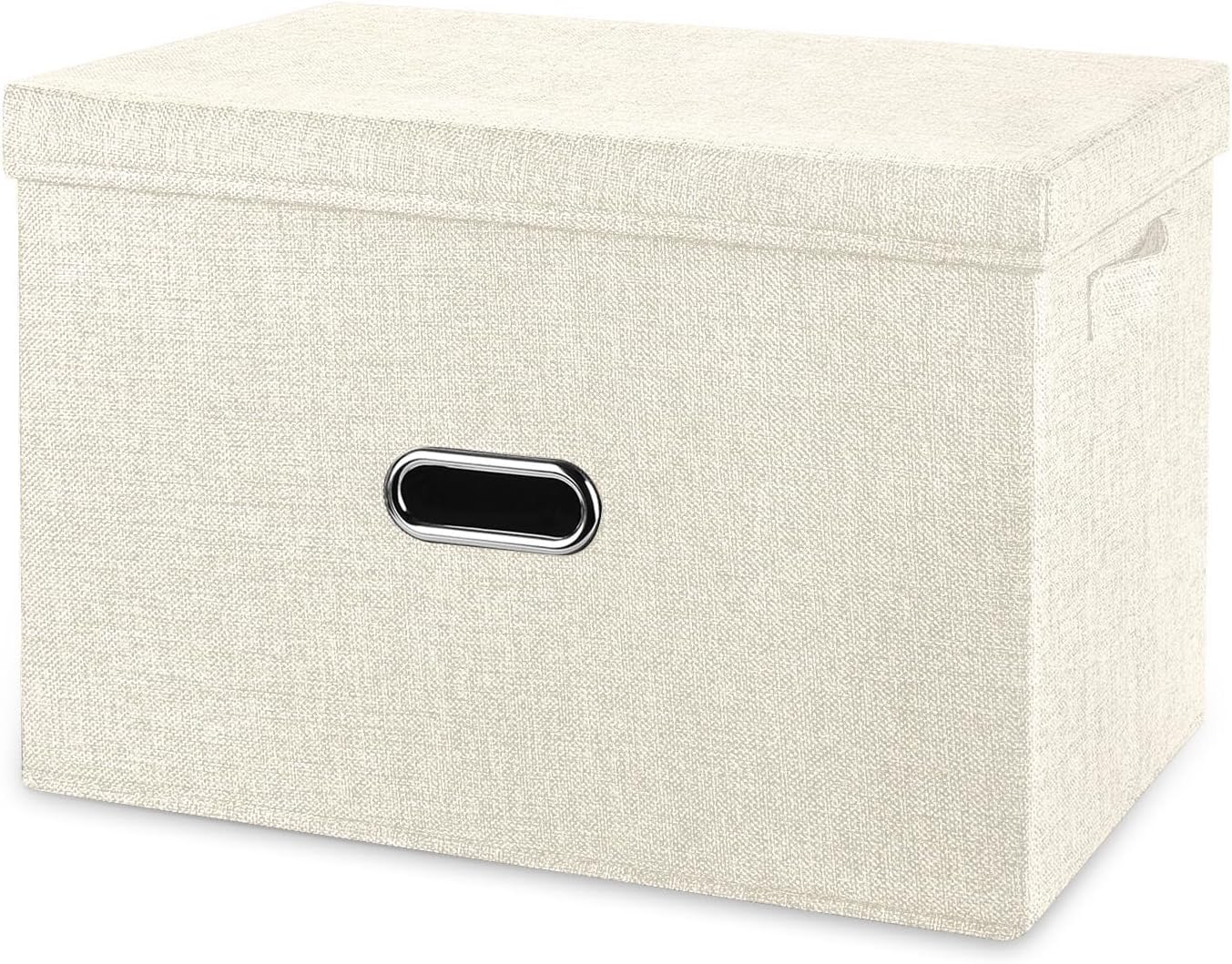 Large Linen Fabric Foldable Storage Bins with Removable Lid and Handles, Washable Storage Box Organizer Containers Baskets Cube with Cover for Bedroom,Office(Cream, Extra Large)