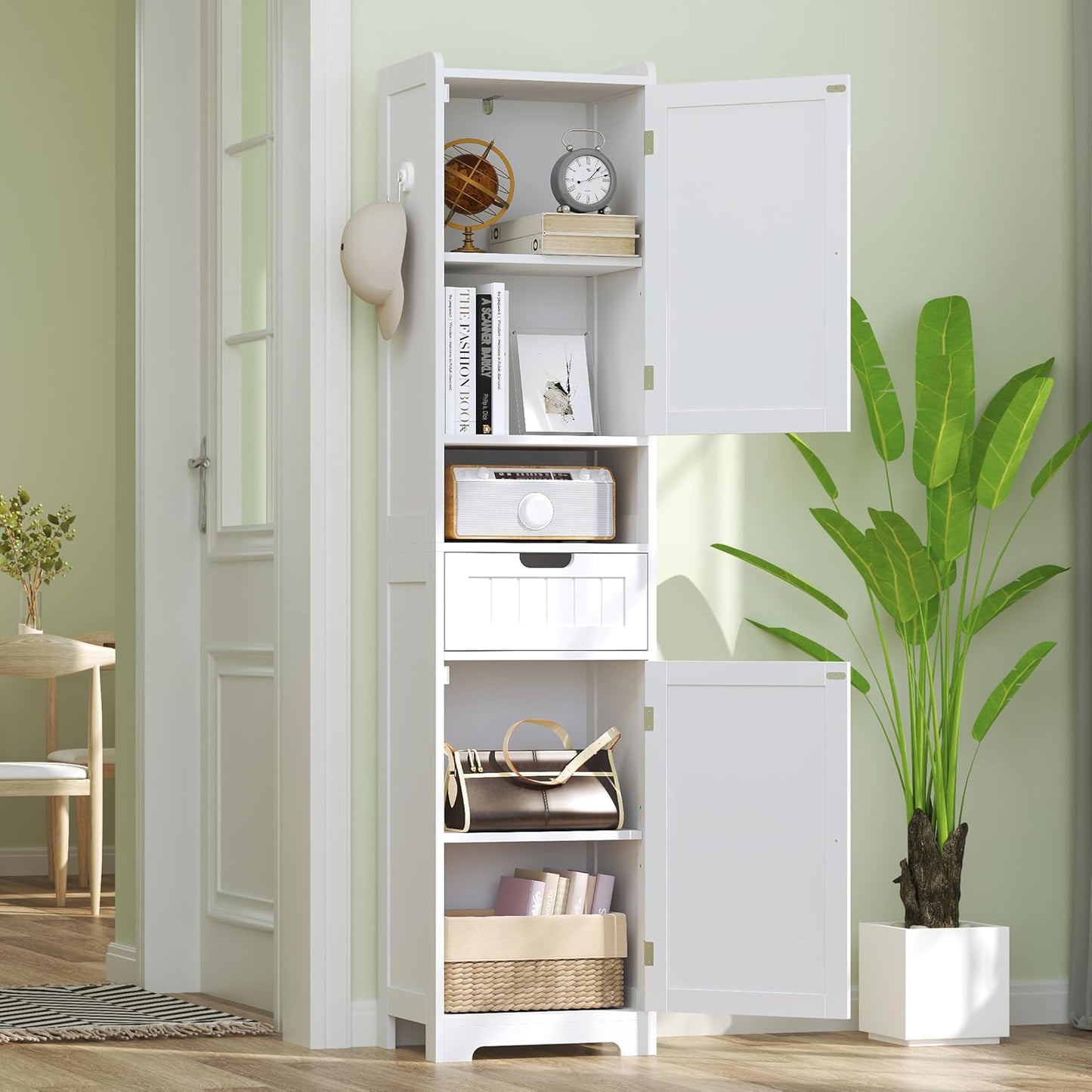 TidyHaven 67" H Tall Bathroom Storage Cabinet, Slim Narrow Organizer with Adjustable Shelves, 2 Doors & 1 Drawer, Freestanding Floor Cabinet for Bathroom, Kitchen, Living Room, (White)